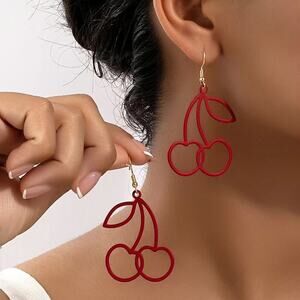 NEW Long Cherry Drop Earrings, Cute Red Fruit Dangle Earrings, Cherry Bomb